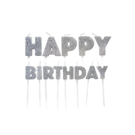 Happy Birthday Candle glitter silver, set of 13 pieces