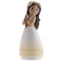 Figurine communion fille brune chapelet, 16 cm