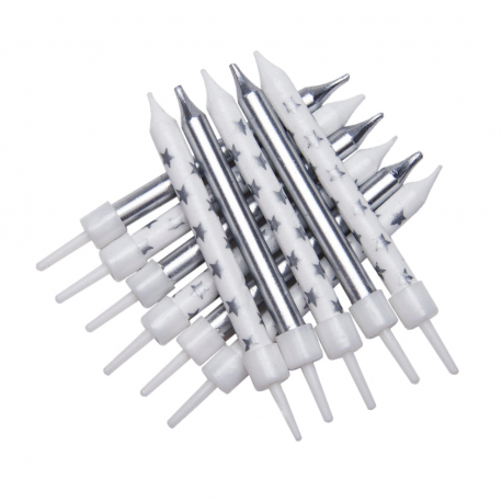 Bougies argenté/blanc étoiles, 12 pièces