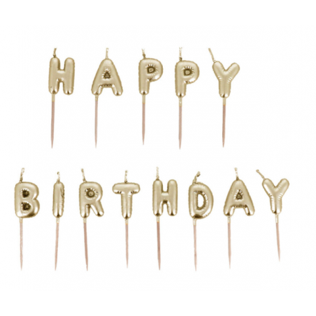 Bougies Happy Birthday doré, set de 13 pièces
