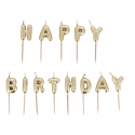 Bougies Happy Birthday doré, set de 13 pièces